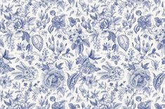 a blue and white floral wallpaper with lots of flowers