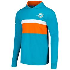 The Tommy Hilfiger Miami Dolphins Morgan Long Sleeve Hoodie T-Shirt is the perfect way to show your support for the Miami Dolphins. With its screen print and embroidered graphics, this hoodie is sure to turn heads. The contrasting color hood lining adds a touch of style, while the pullover design makes it easy to get on and off. Made from cotton, this hoodie is comfortable and breathable, perfect for any Miami Dolphins fan. Whether you're cheering on the Dolphins at the stadium or just relaxing Hooded Tops With Team Logo For Fans, Hooded Tops With Team Logo For Fan Gear, Team-colored Long Sleeve Hoodie For Fans, Hooded Tops For Fan Merchandise, Fan Merchandise Drawstring Hood Top, Hooded Team Spirit Tops With Logo, Team Spirit Long Sleeve Tops With Drawstring Hood, Hooded Fan Apparel Tops With Team Name, Hooded Tops With Team Logo