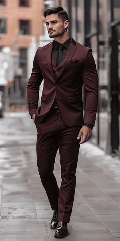 Formal Fall Wedding Guest Outfit for Men: Burgundy Suit Style Dark Burgundy Suit Wedding, Mens Reception Outfit Suits, Men Burgundy Suit, Wedding Guest Outfit For Men, Formal Fall Wedding Guest, Cocktail Party Outfit Men, Burgundy Suit Wedding, Fall Wedding Guest Attire, Formal Fall Wedding