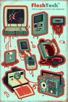 an old poster with different types of electronic devices in red, blue and green colors