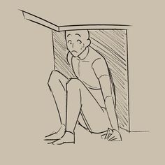 a drawing of a man sitting on the floor in front of a mirror with his head down