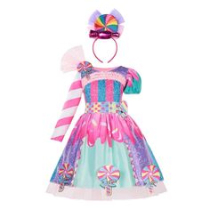 Girl's Unique Design Colorful Candy Dress With Headband Candy Clothes, Minnie Dress, Carnival Dress, Candy Costumes, Kids Halloween Party, Halloween Party Dress, Candy Dress, Baby Party Dress, Blue Costumes