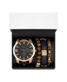 Men's Black Leather Watch And Holiday Stackable Gift Set Black Round Dial Jewelry And Watches For Gift, Gold Adjustable Watch Accessories, Black Jewelry And Watches With Round Dial For Gift, Casual Black Watch Accessories For Gift, Gold Watch Accessories With Subdials, Black Leather Watch, Mens Watches Black, Elegant Man, Stackable Bracelets