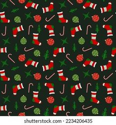 seamless christmas pattern with candy canes and stocking on black background - stock photo