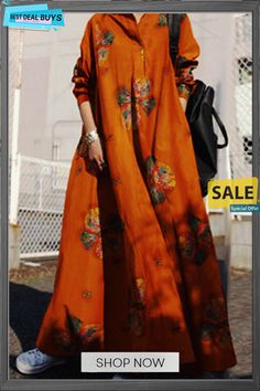 Fashion Vintage Print Split Joint Turndown Collar A Line Dresses Casual Orange Long Sleeve Maxi Dress, Casual Orange Dresses For Fall, Casual Winter Maxi Dress With Floral Print, Orange Casual Winter Dress, Casual Orange Winter Dress, Line Dresses, Loose Maxi Dress, A Line Dresses, Dresses By Length