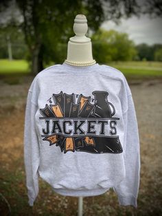 "\"Jackets\" -Professionally DTG Printed  -Unisex True To Size Fit Sweatshirt  -Shirts are made to order. Please Allow 1-2 weeks processing time  - I do not offer Returns, Order Cancelations or Refunds -Size chart is listed in item photos!" Fall Crew Neck Track Jacket For College, Fall College Track Jacket With Crew Neck, College Crew Neck Track Jacket For Fall, Fall Long Sleeve Track Jacket For Sports Events, Cheer Preppy, Cheer Warm Ups, Preppy Yellow, Sweatshirt Shirts, Custom Cheer Bows