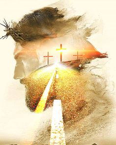 a man's face with a cross on the side and a road leading to it