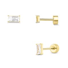 three pairs of gold earrings with white cubics on the front and back of each ear