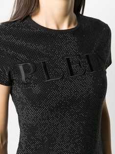 Black cotton Crystal Plein embroidered T-Shirt from Philipp Plein featuring rhinestone embellishments, an embroidered logo to the front, a crew neck, short sleeves and a straight hem. | Philipp Plein Crystal Plein embroidered T-Shirt Rhinestone Embellishments, Philipp Plein, Embroidered Tshirt, Black Cotton, Embellishments, Short Sleeves, Crew Neck, Crystals, Women's Top