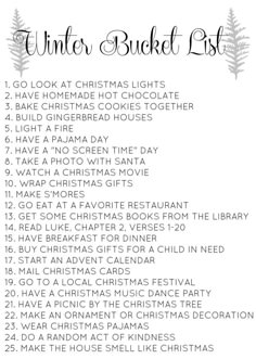 the winter bucket list is shown in black and white