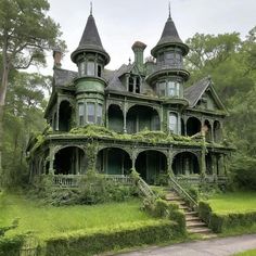 an old house with ivy growing on it's roof and two towers in the front