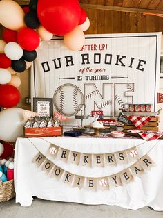 a baseball themed birthday party with balloons and decorations