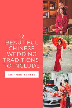 two women in red dresses and an orange umbrella with the words 12 beautiful chinese wedding traditions to include