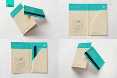 four different views of the inside of a folded brochure with blue and white lines