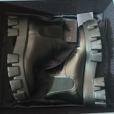 Worn Twice. It Has A Bit Of Scuffing On The Front Of The Boots. Size 37 1/2. Flexible On Pricing. Includes Box And Dust Bags. Prada Snow Boots, Short Prada Boots, Prada Monolith Chelsea Boots, Prada Monolith Combat Boots, Prada Black Boots, Prada Monolith, Shoes Prada, Leather Chelsea Boots, Prada Shoes