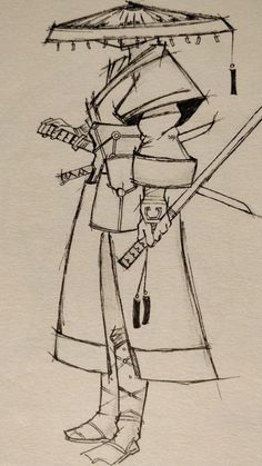 a drawing of a person with an umbrella and two swords in their hands, standing next to each other