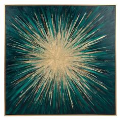 an abstract painting with gold and green colors on a white background, it looks like fireworks