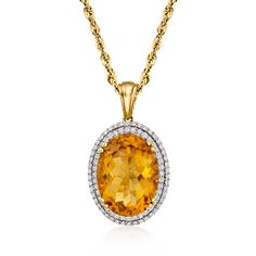 Ross-Simons - 13.00ct Citrine, .78ct t. w. Diamond Pendant in 14kt Yellow Gold. Stock your jewelry box with sunny glow you can access any time of year - it'll make a big difference! This pendant boasts an astoundingly bright 13.00 carat oval citrine, double-haloed by .78 ct. t. w. round brilliant-cut diamonds. Crafted in 14kt yellow gold. Single bale fits up to a 4.5mm chain, sold separately. Diamond and citrine pendant. Citrine birthstones are the perfect gift for November birthdays. Citrine Birthstone, Gold Stock, Citrine Pendant, Gold Sign, Jewelry Essentials, Citrine Stone, Yellow Stone, Fine Jewellery Necklace, Round Brilliant Cut Diamond