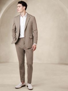 Tailored-Fit Knit Suit Trouser | Banana Republic Factory Men's Professional Style, Beige Jacket Black Pants Men Wedding, Casual Suits Men Modern Man, Men’s Casual Suit, Stretch Blazer For Business Casual, Stretch Suits For Spring Workwear, Spring Stretch Suits For Workwear, Notch Lapel Elastane Suit For Work, Elastane Notch Lapel Suit For Work