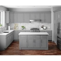 a large kitchen with gray cabinets and white counter tops is shown in this rendering image