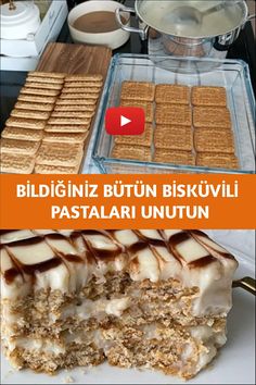 an image of desserts and pastries on display with words below that read, bildiginz butun biskuvii pastali untuu