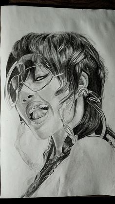 a pencil drawing of a woman with glasses on her face and hair blowing in the wind