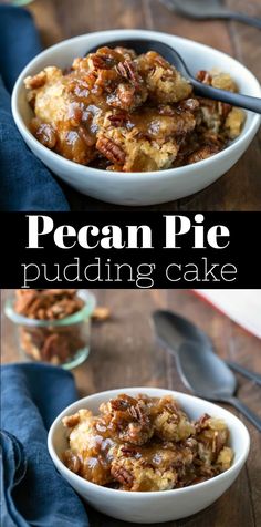 pecan pie pudding in a white bowl with spoons on the side and another serving dish behind it