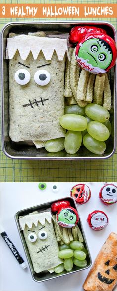 some food is in a metal container and there are two pictures with different faces on them