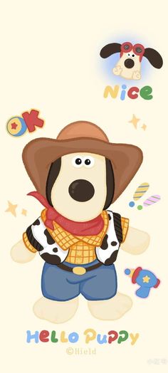 a cartoon dog with a cowboy hat and scarf on it's chest, standing in front of the words hello puppy