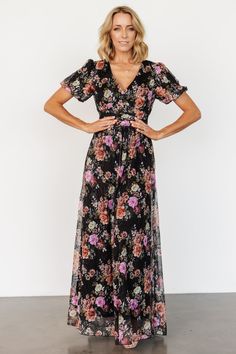 Ardley Maxi Dress | Black Multi Floral - Baltic Born Feminine Black Maxi Dress With Floral Print, Black V-neck Maxi Dress In Feminine Style, Black V-neck Maxi Dress, Feminine Style, Black V-neck Feminine Maxi Dress, Black Feminine V-neck Maxi Dress, Black Floral Print Short Sleeve Maxi Dress, Black Short Sleeve Maxi Dress With Floral Print, Black V-neck Dress With Rose Print, Flowy Black Maxi Dress In Feminine Style