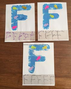 three pieces of paper with the letter f painted on them