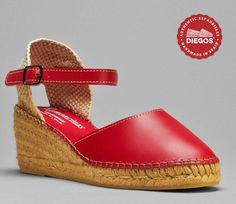 "Diegos - Red leather Carmen espadrilles with high wedge heel Wedge sole height : 2.5\" (6 cm) Classic red leather high wedge Carmen espadrilles have an easy clip-on ankle-strap. The rope sole has been meticulously shaped by hand, a padded insole has been added for your comfort. The high quality leather used on these beautiful and elegant espadrilles, is 100% genuine Spanish Leather. We ship from NY - Easy returns." Brown Espadrilles, Red Espadrilles, Womens Espadrilles Wedges, Red High Heels, High Wedges, Women's Espadrilles, Leather Espadrilles, Red High, Platform Wedge