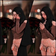 two images of a woman with long black hair and wearing a brown sweater, holding flowers