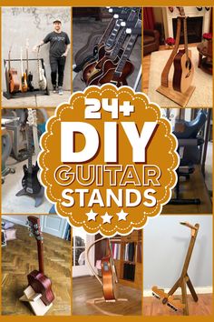 various guitars and musical instruments are shown in this collage with the words diy guitar stands