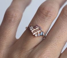 Baguette Morganite Ring, Rose Gold Morganite and Sapphire Cluster Enga – Capucinne Baguette Cut Ring, Morganite Ring Set, Modern Engagement Ring, Rose Gold Morganite Ring, Peach Sapphire, Multi Gemstone Ring, Rose Gold Morganite, Modern Engagement Rings, Engagement Ring White Gold