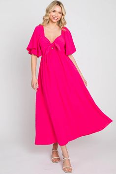 Fuchsia Textured Dot Front Tie Ruffle Sleeve Midi Dress– PinkBlush V-neck Midi Dress With Gathered Neckline For Brunch, V-neck Midi Dress With Gathered Sleeves For Vacation, Beach Midi Dress With Gathered Sleeves And V-neck, Beach Midi Dress With Ruched Flutter Sleeves, Beach Maxi Dress With Gathered Short Sleeves, Maternity Midi Dress, Pink Blush Maternity, Sleeve Midi Dress, Midi Dress With Sleeves