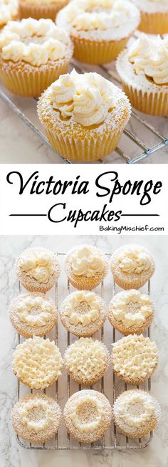 cupcakes with white icing and powdered sugar on top