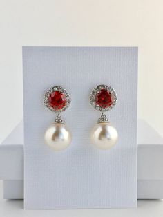 Red Bridal Earrings Red Crystal Halo Earrings Wedding Cubic Zirconia Earrings Bridal Red Swarovski P Long Earrings Wedding, Rose Gold Earrings Wedding, Diamond Earrings Wedding, Rose Gold Bridal Jewelry, Rose Gold Bridal Earrings, Bridesmaid Pearl Earrings, Ruby Earrings Studs, Crystal Earrings Wedding, White Pearl Bracelet