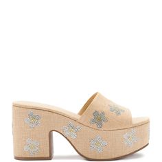 Miso Platform Sandal In Beige Raffia and Floral Crystals Platform Slides, Boot Pumps, Pumps Flat, Thick Heels, Crystal Embellishment, Retro Vibe, Wide Straps, Mules Shoes, Platform Sandals