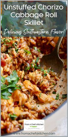 a skillet filled with meat, rice and cilantro sauce that is topped with parsley