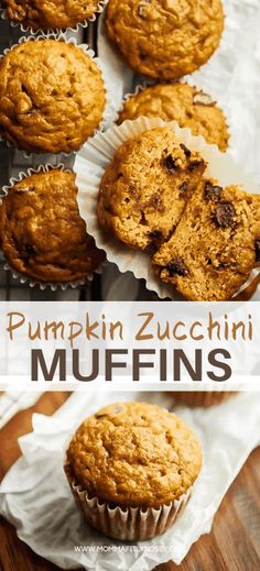 pumpkin zucchini muffins on a wooden table with the title above it