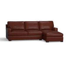 a brown leather sectional sofa with ottoman and footstool on an isolated white background