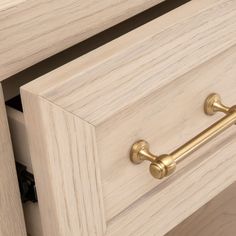 a close up of a drawer with brass handles