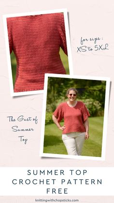 a woman wearing a red top and white pants with the words summer top crochet pattern