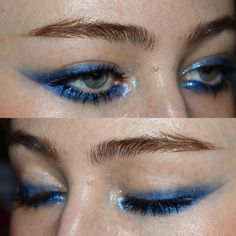 two pictures of the same woman's eyes with blue makeup