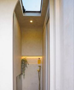 a bathroom with a skylight above it and a toilet in the corner next to it