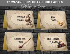 harry potter birthday party food labels and place cards for each child's favorite character