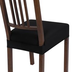 a wooden chair with black seat cushion