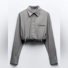 Brand New With Tag , Cropped Shirt With Belt Detail, Size M Shirt With Belt, Cropped Shirt, Collar Shirt, Crop Shirt, Lapel Collar, Zara Tops, Collar Shirts, Welt Pocket, Gray Color