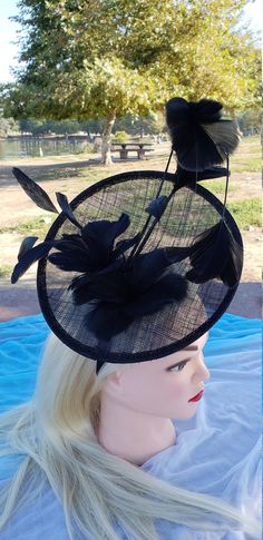 Black Sinamay Fascinator. Derby Race Bridal Church Hat. Black | Etsy Adjustable Black Hair Accessories For Spring, Black Hair Accessories For Evening In Spring, Black Hair Accessories For Spring Evening Events, Adjustable Black Feather Headpiece, Adjustable Black Feathered Headpiece, Adjustable Black Headband For Spring, Black Feathered Fascinator For Kentucky Derby, Fitted Black Hair Accessories For Kentucky Derby, Fitted Black Top Hat With Feathers